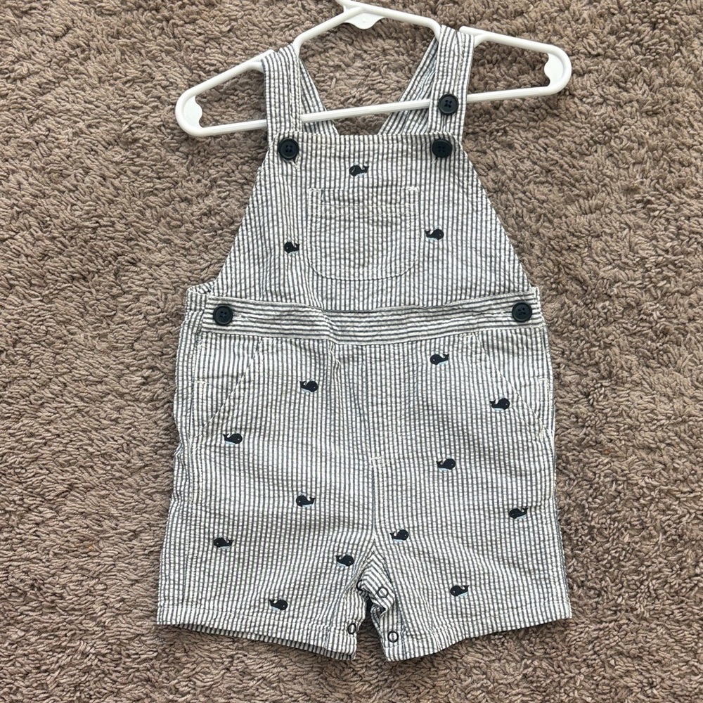 Smocked Striped Overalls with Whale Print